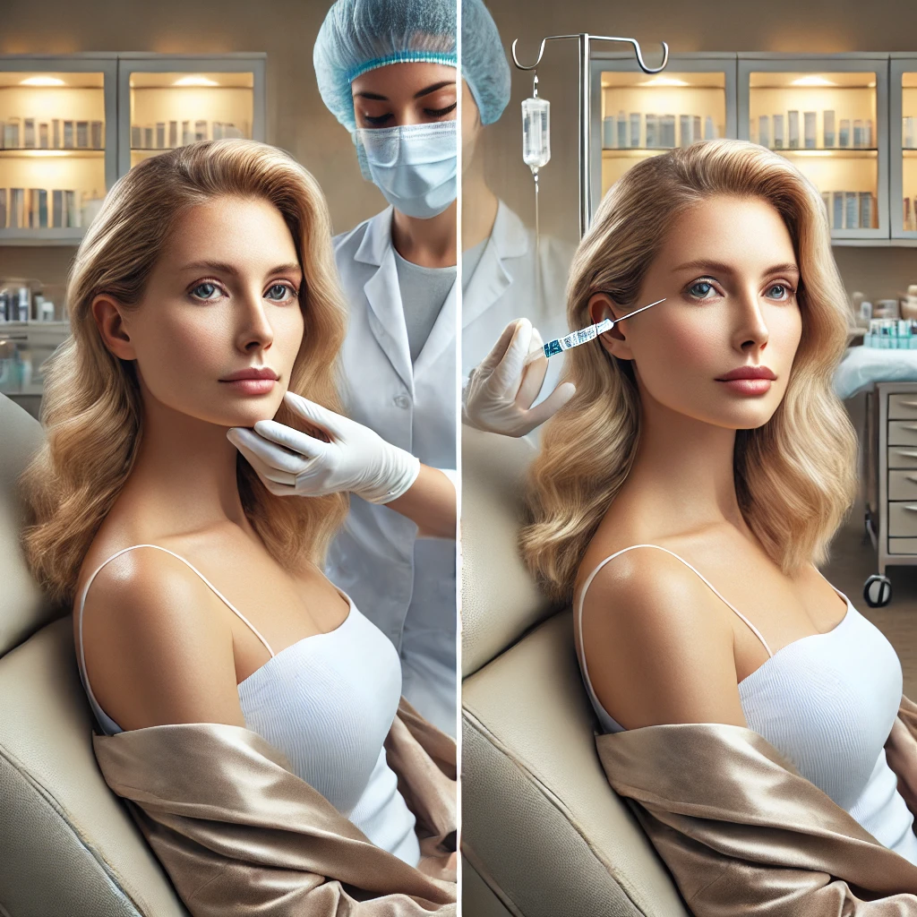 DALL·E 2025-02-01 01.37.09 - A before-and-after comparison of a blonde-haired woman receiving Botox treatment from a different angle in an aesthetic clinic. ____Before Image___ _-